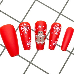 24 Pcs Christmas Press on Nail Long Coffin Bright Red Gingerbread Snowflake image 1