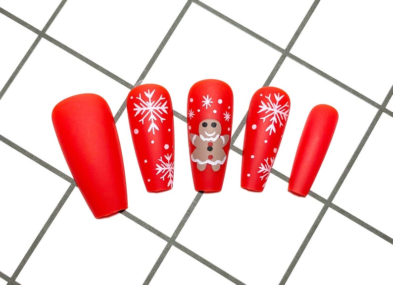 24 Pcs Christmas Press on Nail Long Coffin Bright Red Gingerbread Snowflake image 1