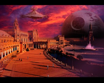 Star wars poster • landscape • space • trippy • clouds • storm troopers • death star • star destroyer • space ships • orange shade