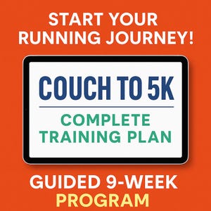 May include: An orange background with the text "START YOUR RUNNING JOURNEY!". A tablet displays "COUCH TO 5K COMPLETE TRAINING PLAN" and "GUIDED 9-WEEK PROGRAM". The text is in white, blue, and green.