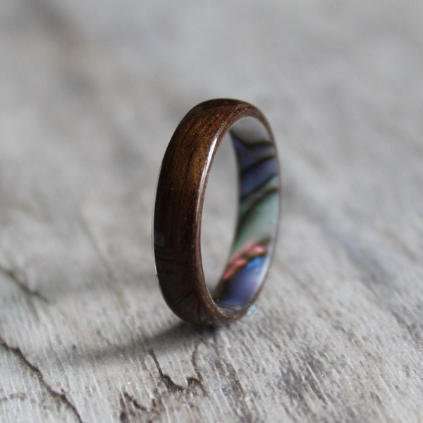 Wooden Ring with Abalone Lining - Smoked Eucalyptus Bentwood Ring - Handcrafted Wood Ring