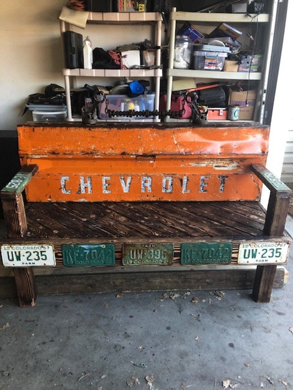 Vintage custom wooden Chevrolet tailgate bench