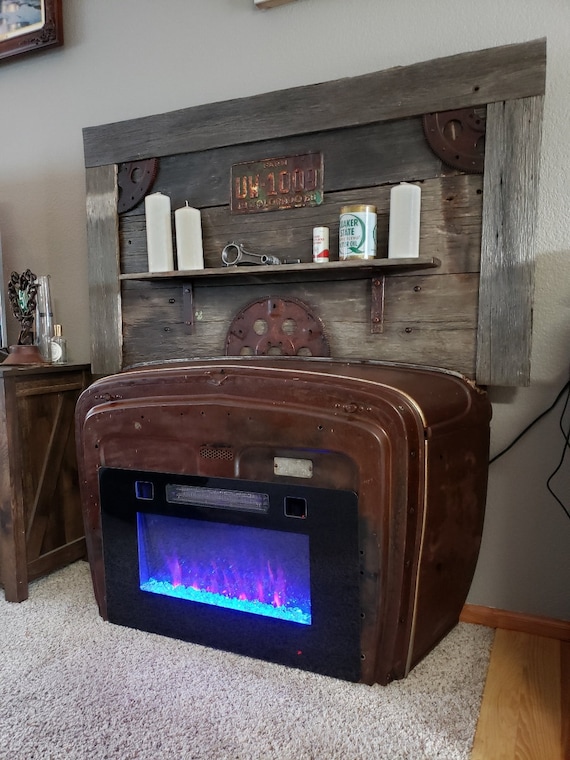 1933 Antique Cowl Hood Electric Fireplace w/ repurposed wood