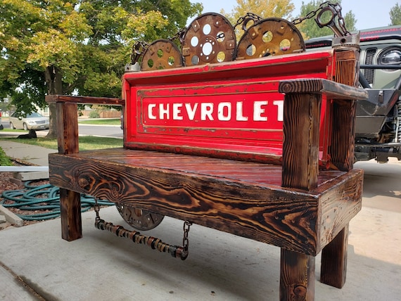 55 Red Chevy tailgate bench