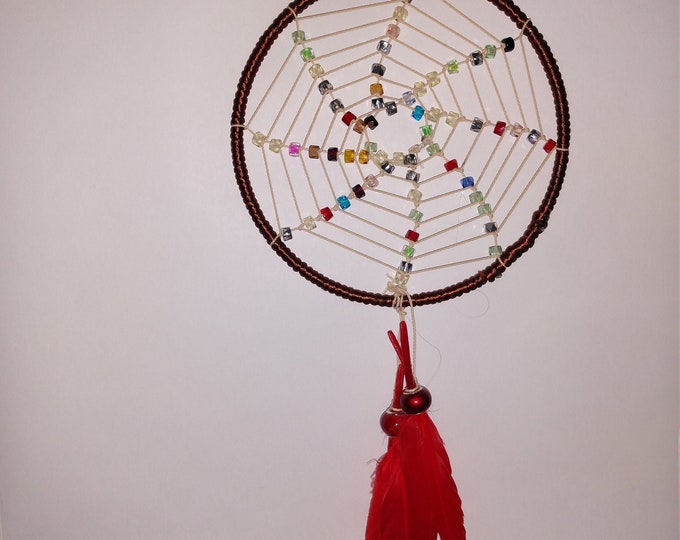 Spider Web, Dream Catcher, Beaded, Wall Hanging, With /red Feathers