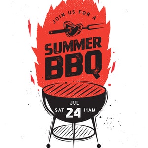May include: A red and black illustration of a barbecue grill with flames, text that says "JOIN US FOR A SUMMER BBQ", and the date "JUL 24 11AM". The text below the grill says "THE MILLER'S HOME 244 SOUTH MAIN DR, SAN DIEGO, CA 92071 RSVP TO AMY AT 123.456.7899".