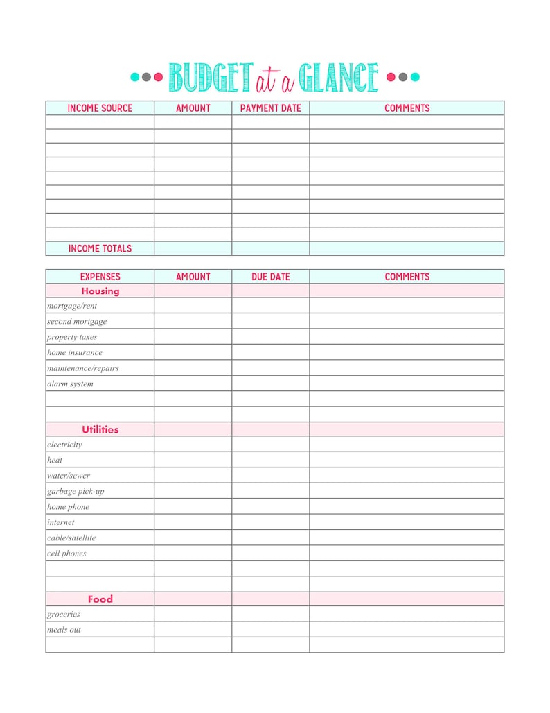 Printable Budget at A Glance Budget Download Printable Budget