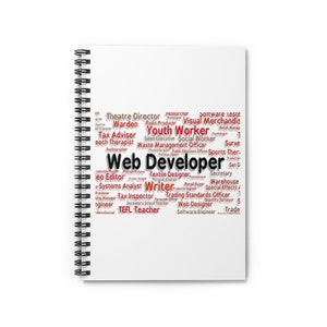 May include: A white notebook with a spiral binding features a word cloud of various job titles in red and black text. The largest word in the cloud is "Web Developer".