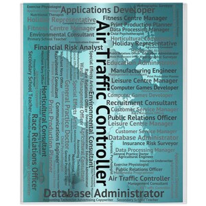 May include: A teal blue word cloud with the words "Air Traffic Controller" and "Database Administrator" in large, bold font. The word cloud also includes a variety of job titles, such as "Public Relations Officer", "Customer Service Manager", and "Financial Risk Analyst".