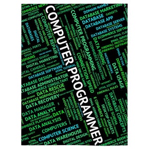 May include: A black background with a green and white word cloud of terms related to computer programming, database management, and e-commerce. The word "COMPUTER PROGRAMMER" is in the center of the word cloud.
