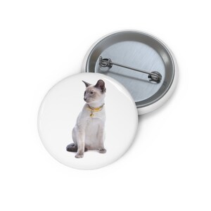 May include: A white and gray Siamese cat with blue eyes sits on a white background. The cat is wearing a yellow collar with a bell.