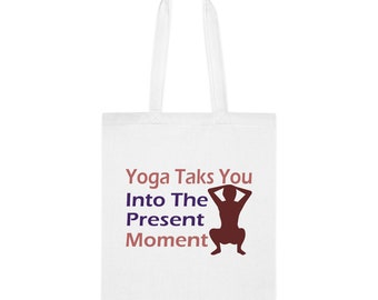 El yoga lleva a la bolsa de asas del momento presente, regalo de asas divertido, bolso de hombro, bolsas reutilizables, idea de regalo de mordaza de cesta de Navidad de cumpleaños