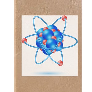 May include: A stylized illustration of an atom with a blue nucleus and red electrons orbiting around it.