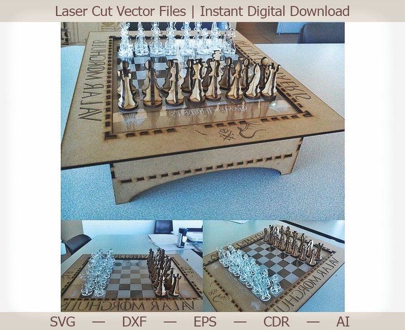 Chess board with pieces. Laser cut files vector model cnc Etsy