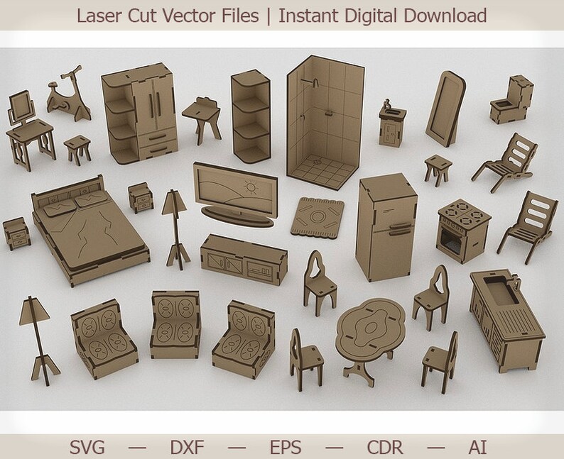 Dollhouse with furniture. Laser cut vector laser cut files Etsy