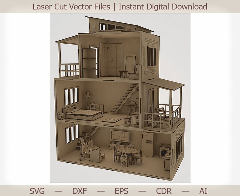 Download Dollhouse with furniture. Laser cut vector laser cut files ...