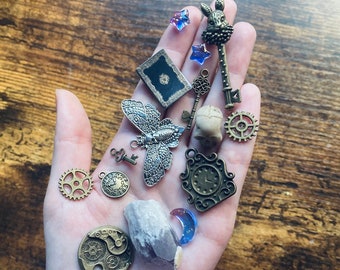 Gothic Treasure Scoop! Lucky Mystery Goth Grab Bag | Crystals Keys Gears Clocks Moths Skulls Moons Beads For Charms, Spells and Crafts