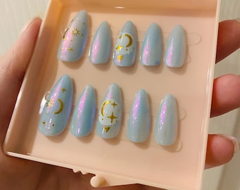 Blue and Pink Iridescent Celestial Press on Nails |Handmade Fairytale Magical Moon Nails