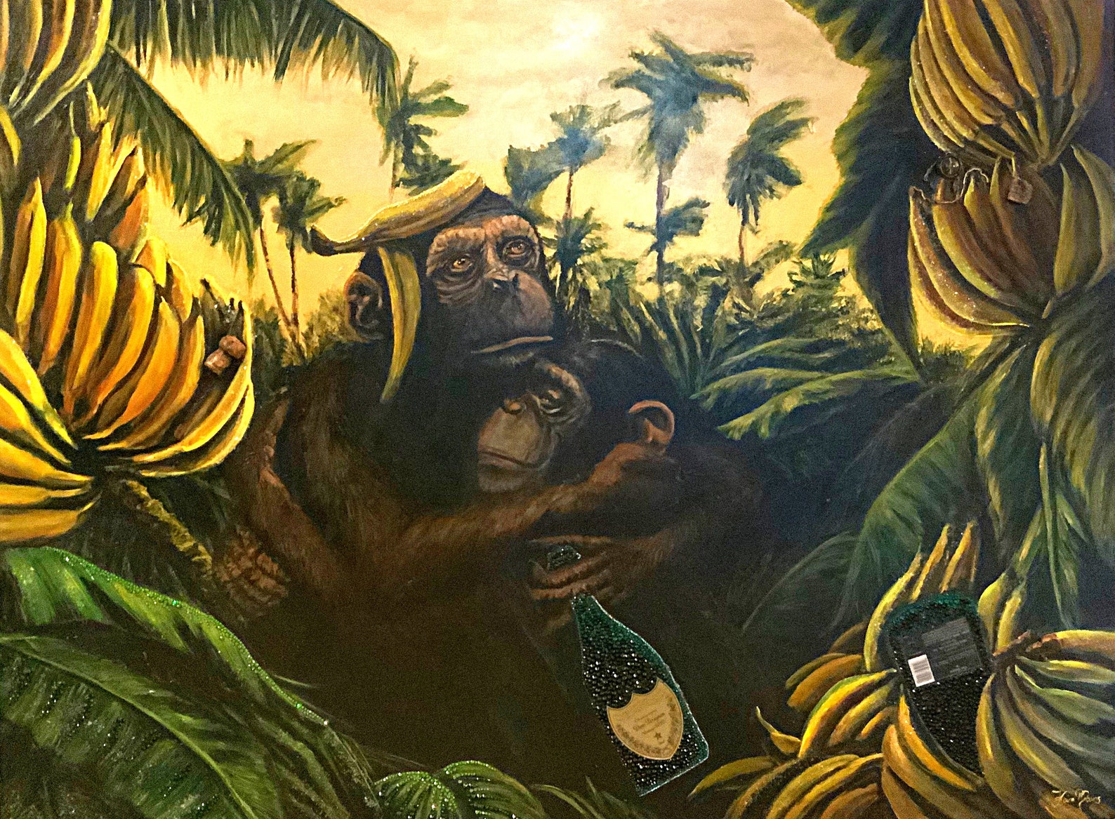 CHAMPAGNE MONKEYS painting with acrylic crystals and Genuine | Etsy