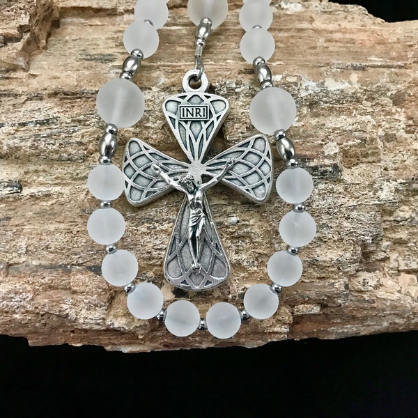 Matte Crystal Quartz and Stainless Steel 5 Decade Catholic Gemstone Rosary with Miraculous Medal and Large Lattice Crucifix