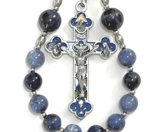 Sodalite and Stainless Steel Gemstone Rosary with Blue Enamel Crucifix and Our Lady of Lourdes Centerpiece