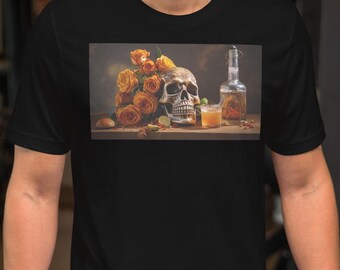 Day of the Dead Crystal Sugar Skull Unisex T-shirt - Dia de Los Muertos, Halloween, Mexican Skeleton, Floral, Costume, Party, Vanitas, Roses