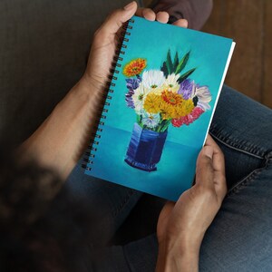 Bouquet of Flowers in Blue Vase - Spiral Notebook, Soft Cover Journal, Inspirational Art, Grow Self Care Notebook, Gift for Her, College