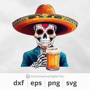 Dia de los muertos squelette avec bière - téléchargement graphique numérique instantané : fichiers dxf, eps, png, svg inclus ! Mug PNG, Squelette mexicain mignon