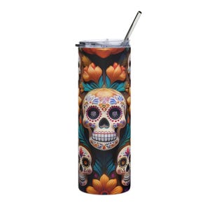 Vaso de acero inoxidable del Día de los Muertos: taza de viaje con calavera de azúcar, taza del Día de los Muertos, artículos para beber con motivos florales góticos, regalo para ella o para él