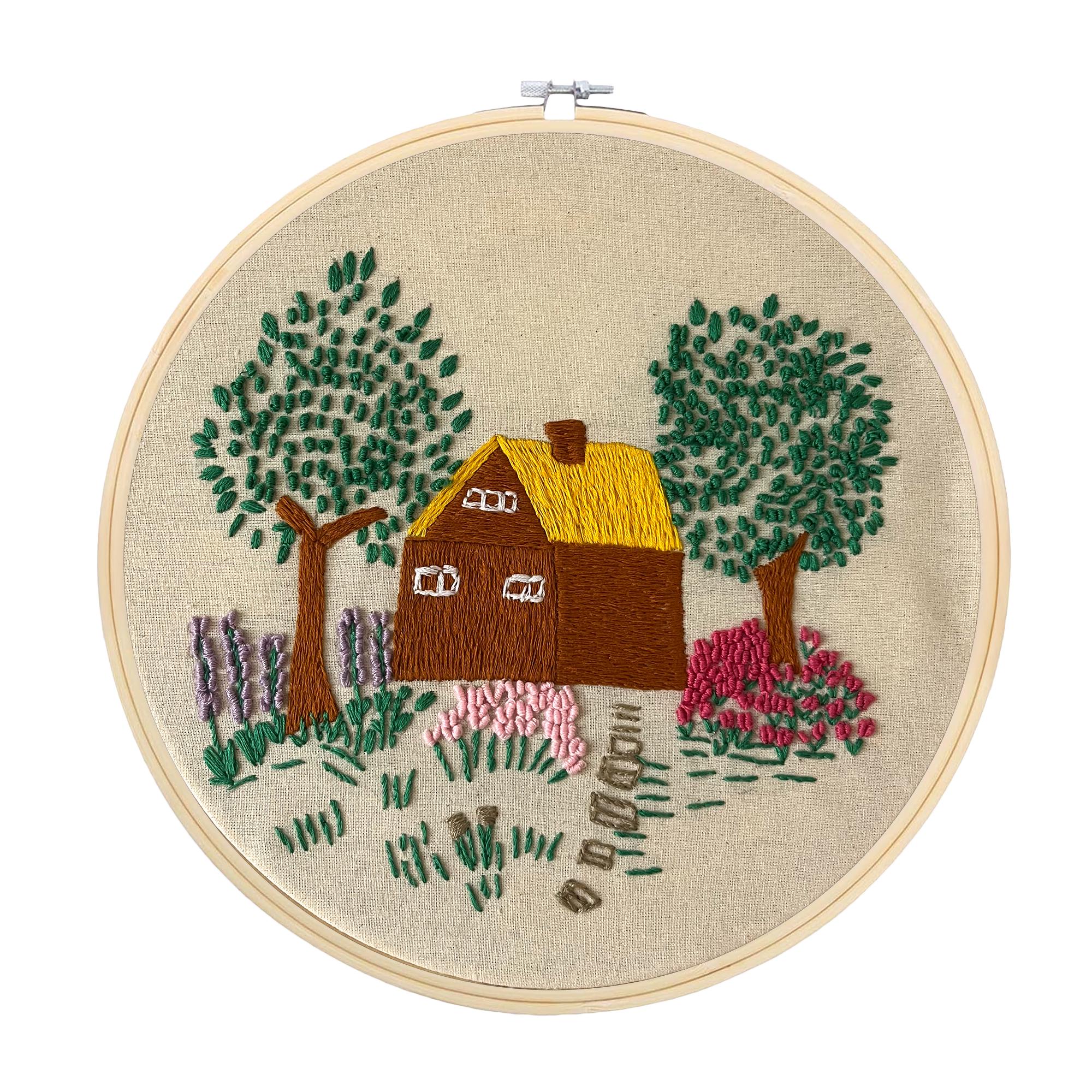 Embroidered Nature House Hoop Art 10"x10" – Hand-Stitched Ocean Wall Decor, Handmade, Unique Gift, Garden, Trees, Boho Flowers, Bordado