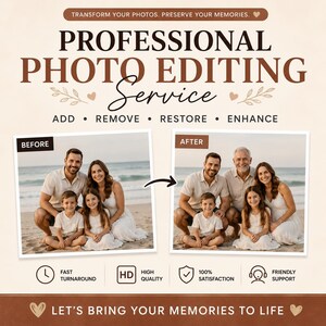 May include: A professional photo editing service advertisement featuring the text TRANSFORM YOUR PHOTOS. PRESERVE YOUR MEMORIES. PROFESSIONAL PHOTO EDITING Service ADD REMOVE RESTORE ENHANCE. It shows a before and after comparison of a family beach photo.