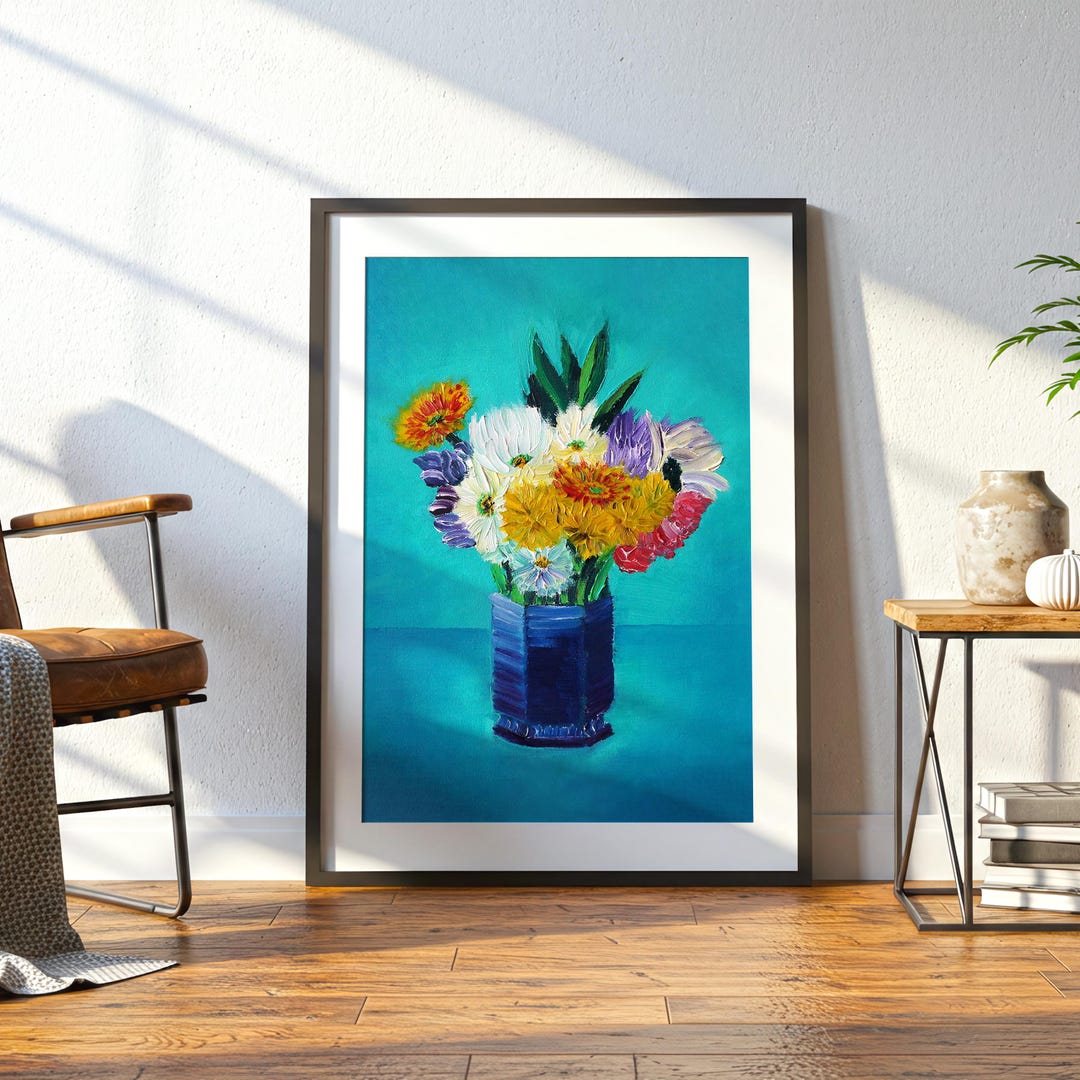 Bouquet of Flowers in a Blue Vase Oil Painting Art Print - Wall Decor ...