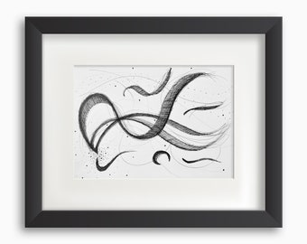 May include: A black and white abstract drawing of swirling lines and dots in a black frame.