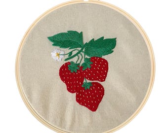 Embroidered Strawberries Hoop Art 10&quot;x10&quot; – Hand-Stitched, Wall Decor, Handmade, Unique Gift, Garden, Trees, Boho, Vintage, Bordado, Fresas