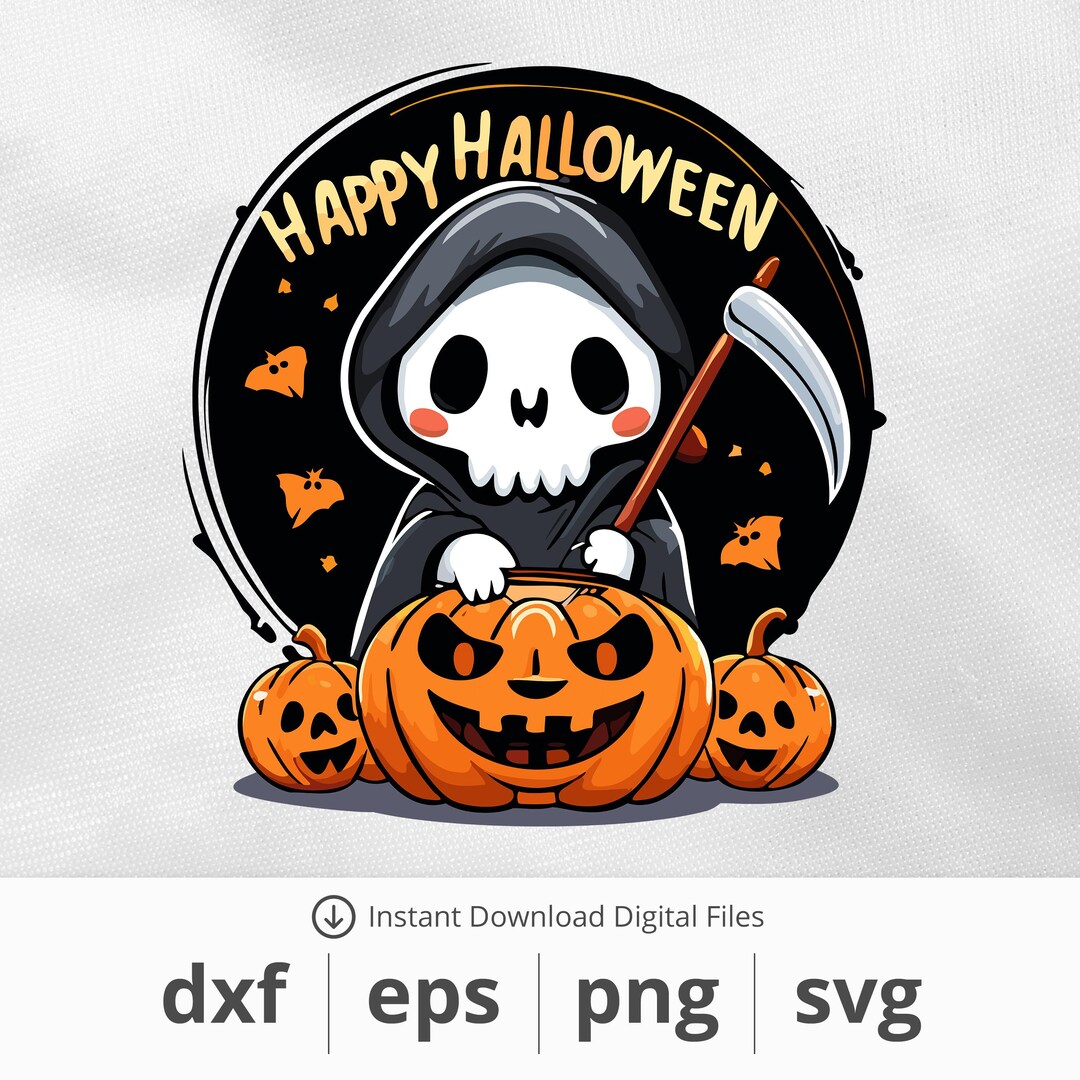 Happy Halloween Cute Grim Reaper With Pumpkin - Instant Digital Graphic ...