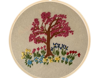 Embroidered Nature Pink Tree Hoop Art 10&quot;x10&quot; – Hand-Stitched, Wall Decor, Handmade, Unique Gift, Garden, Arbol, Boho, Vintage, Bordado, Art