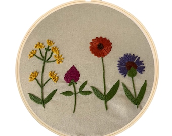 Embroidered Nature Flowers Hoop Art 10&quot;x10&quot; – Hand-Stitched Ocean Wall Decor, Handmade, Unique Gift, Garden, Trees, Boho, Vintage, Bordado