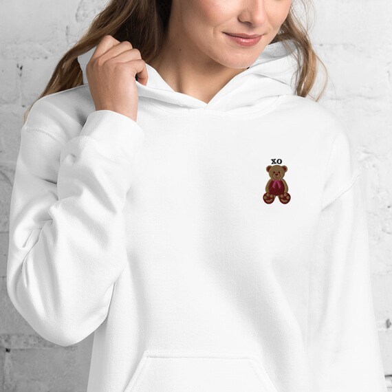 Embroidered Teddy Bear XO Hoodie – Cute Minimal Hoodie, Cozy Gift for Her, Soft Everyday Sweatshirt, Valentine Inspired Hoodie, Gift for Mom