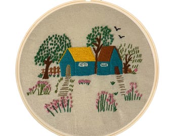 Embroidered Nature Houses Hoop Art 10&quot;x10&quot; – Hand-Stitched Ocean Wall Decor, Handmade, Unique Gift, Garden, Trees, Boho Flowers, Bordado