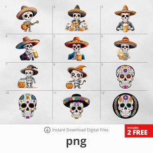 Op de afbeelding: Een digitale kunstdruk met verschillende illustraties met het thema Dag van de Doden. De afbeeldingen bevatten skeletfiguren met sombrero's, die instrumenten bespelen en drankjes vasthouden. Andere afbeeldingen zijn onder meer versierde schedels en de tekst "png".