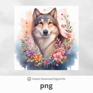 Wolf hart bloemen natuur afbeelding - digitale download png-bestand - afdrukbaar decor, kunst aan de muur, uitnodiging, huwelijk, huwelijkscadeau, aquarel