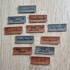 NEW *** Faux leather labels/patches "Handmade MINI" to sew on in brown or grey