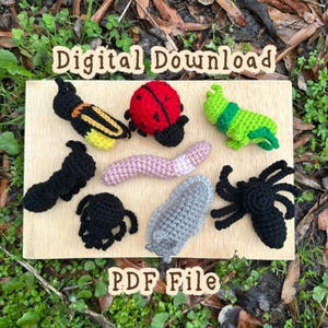 Könnte beinhalten: Eine Sammlung handgefertigter gehäkelter Insekten, darunter ein Marienkäfer, eine Raupe, eine Spinne und ein Wurm, auf einem Holzbrett angeordnet. Das Bild enthält den Text "Digital Download" und "PDF File".