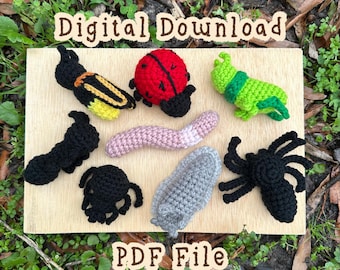 Paquete de patrones de insectos a crochet / Gusano, babosa, hormiga, mariquita, araña, luciérnaga, escarabajo, saltamontes /