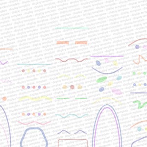 Puede incluir: Una colección de elementos de diseño coloridos y dibujados a mano, que incluyen líneas, curvas y formas. Estos gráficos son de colores pastel y están dispuestos sobre un fondo blanco. Ideal para proyectos de arte y diseño digital.