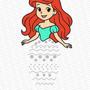 Può includere: Illustrazione a cartoni animati di una sirena con capelli rossi, corona d'oro e top turchese. Bolle e linee ondulate suggeriscono che sia sott'acqua. Lo stile è pulito e digitale.