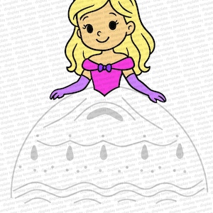 Puede incluir: Una ilustración de dibujos animados de una princesa con un vestido blanco, un corpiño rosa y una corona dorada con una joya morada. Tiene el pelo rubio y sonríe.