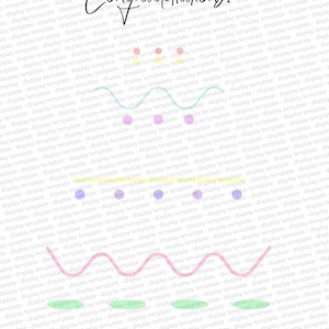 Op de afbeelding: Een kleurrijke illustratie van een taart met het woord "Gefeliciteerd!" in cursief bovenaan. De taart is versierd met pastelkleurige stippen, lijnen en swirls.