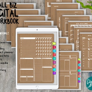 May include: A digital workbook for small businesses, with a brown paper texture and white text. The workbook includes pages for a year/monthly diary, branding, product planner, supplies lists, events, social media, goals, inventory, and notes.