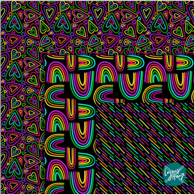 Neon Rainbow Pattern Rave Digital Scrapbooking Paper Kit | Rainbow Neon Repeating Patterns ...